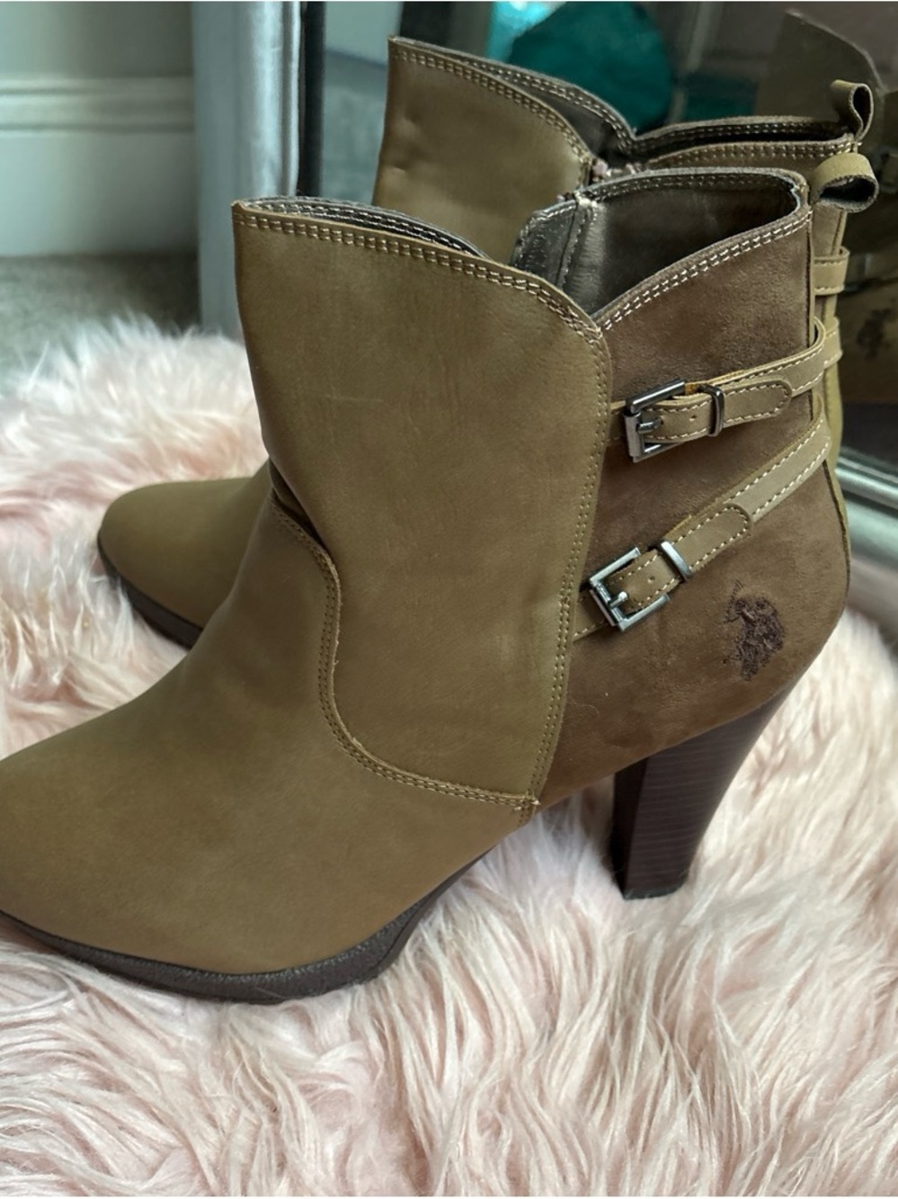 U.S. Polo Assn. Women's Taupe Double-Buckle Ankle Heeled Boots